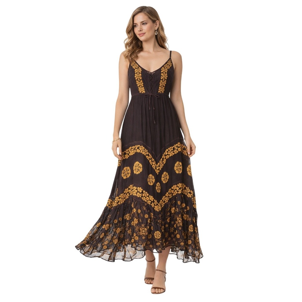 Fashion Terminal Brown Gold Embroidered Corset Lace Up Boho Maxi Dress Free Size